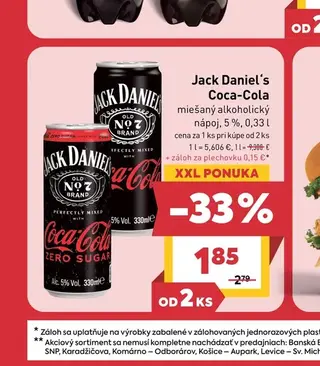 Jack Daniel's Coca-Cola miešaný alkoholický nápoj 5 % 0,33 l