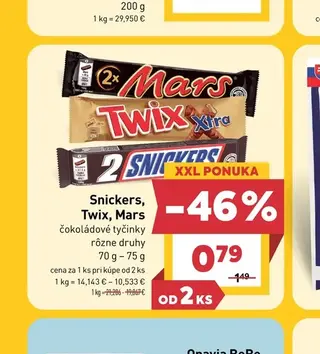 Snickers, Twix, Mars čokoládové tyčinky 70 g – 75 g