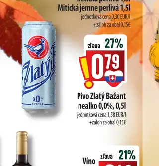 Pivo Zlatý Bažant nealko 0,0%, 0,5 l