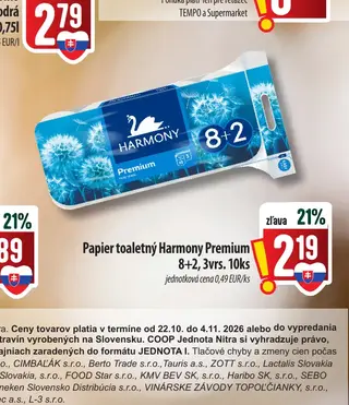Papier toaletný Harmony Premium 8+2, 3vrs. 10ks
