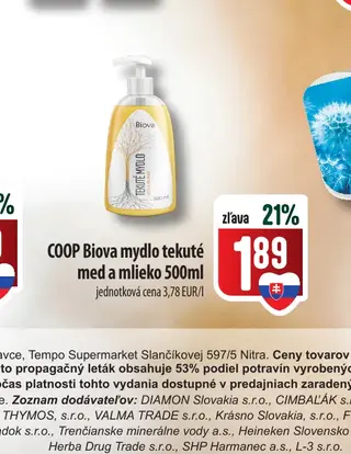 COOP Biova mydlo tekuté med a mlieko 500 ml