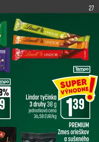 Lindor tyčinka 3 druhy 38 g
