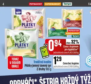 Tradičná kvalita Plátky jemný tavený syr 2 druhy 100 g