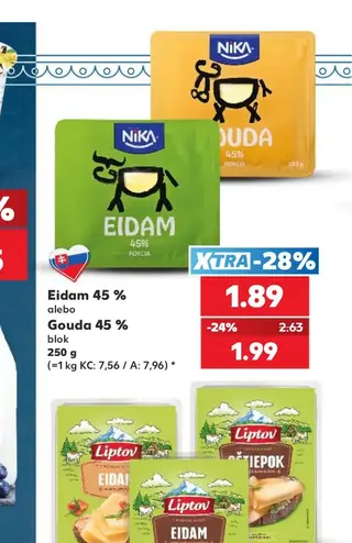 Eidam 45 % alebo Gouda 45 % blok 250 g