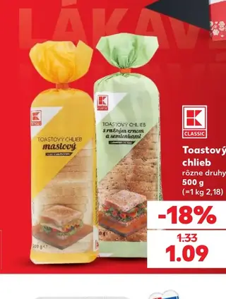 K-Classic Toastový chlieb rôzne druhy 500 g