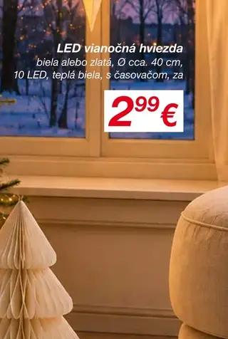LED vianočná hviezda biela alebo zlatá, Ø cca. 40 cm, 10 LED, teplá biela, s časovačom