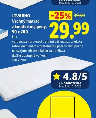 Livarno Vrchný matrac z komfortnej peny, 90 x 200