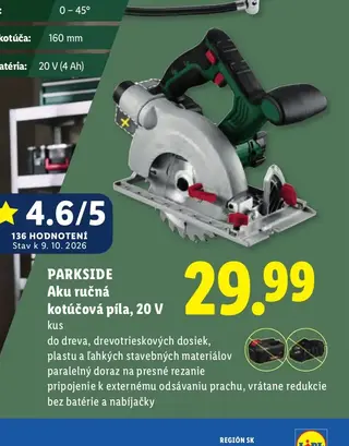 Parkside Aku ručná kotúčová píla, 20 V