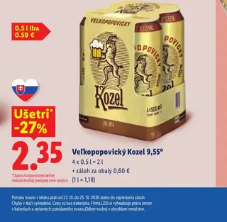 Veľkopopovický Kozel 9,55° 4 x 0,5 l