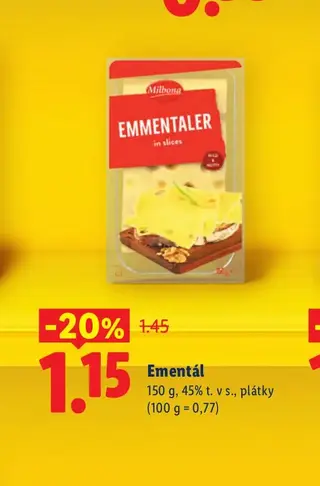 Milbona Ementál 150 g, 45% t. v s., plátky