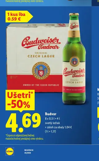 Budvar svetlý ležiak 8 x 0,5 l