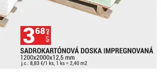 Sadrokartónová doska impregnovaná 1200x2000x12,5 mm