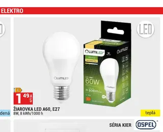 Žiarovka LED A60, E27 8W