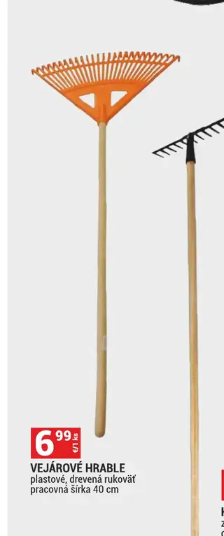 Vejárové hrable plastové, drevená rukoväť, pracovná šírka 40 cm