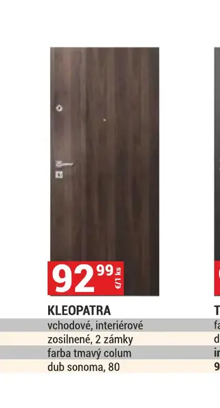 KLEOPATRA vchodové, interiérové zosilnené, 2 zámky, farba tmavý colum, dub sonoma, 80