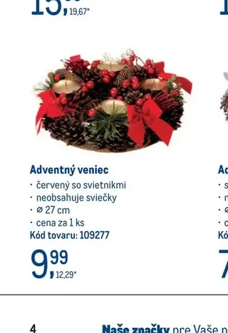 Adventný veniec červený so svietnikmi ⌀ 27 cm