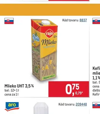 Rajo Mlieko UHT 3,5 % 12×1 l