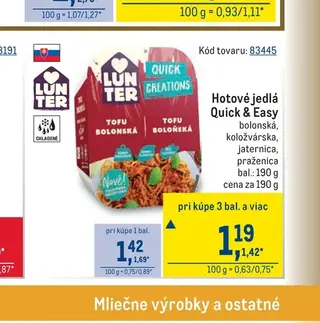 Lunter Quick & Easy Hotové jedlá bolonská 190 g