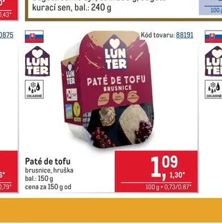 Lunter Paté de tofu brusnice, hruška 150 g