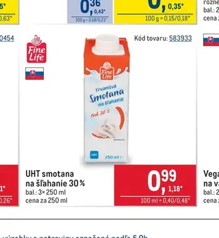 UHT smotana na šľahanie 30 % 250 ml