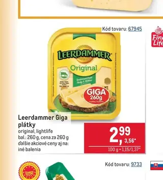 Leerdammer Giga plátky original, lightlife 260 g