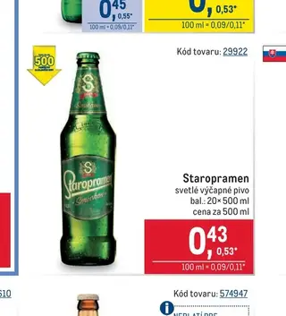 Staropramen svetlé výčapné pivo 20× 500 ml