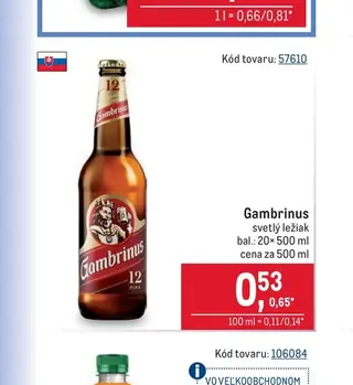 Gambrinus svetlý ležiak 20× 500 ml