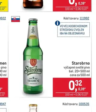 Starobrno výčapné svetlé pivo 20× 500 ml