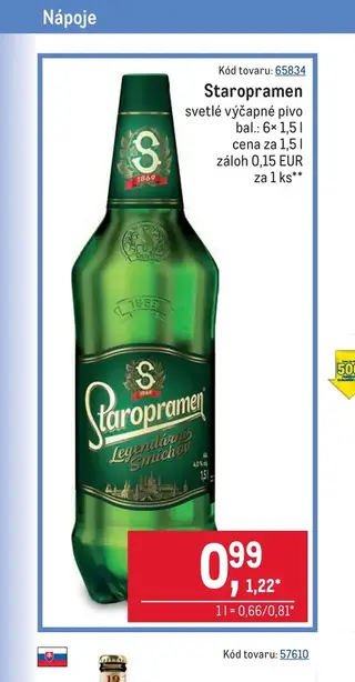 Staropramen svetlé výčapné pivo 6× 1,5 l
