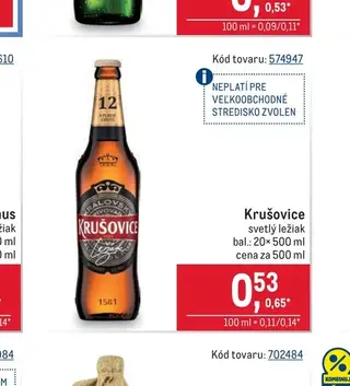 Krušovice svetlý ležiak 20× 500 ml