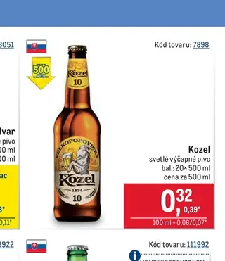 Kozel svetlé výčapné pivo 20× 500 ml