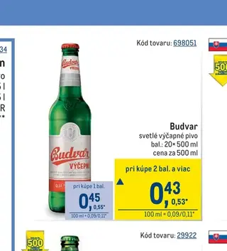 Budvar svetlé výčapné pivo 20× 500 ml