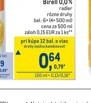 Birell 0,0 % radler 6× (4× 500 ml)