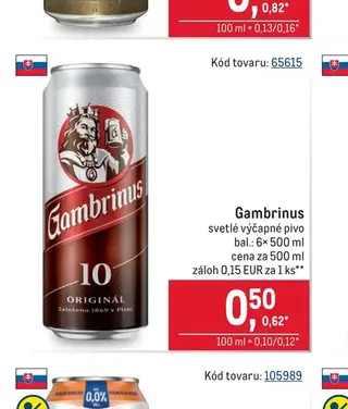 Gambrinus svetlé výčapné pivo 6× 500 ml