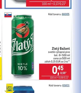 Zlatý Bažant svetlé výčapné pivo 6× 500 ml