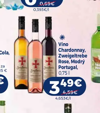 Víno Chardonnay, Zweigeltrebe Rose, Modrý Portugal, 0,75 l