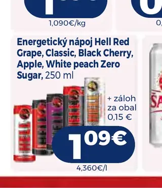 Energetický nápoj Hell Red Grape, Classic, Black Cherry, Apple, White peach Zero Sugar 250 ml