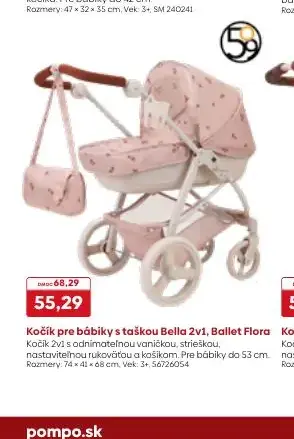 Kočík pre bábiky s taškou Bella 2v1, Ballet Flora